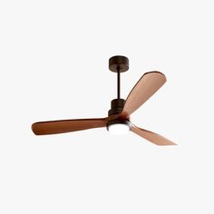 a ceiling fan with two wooden blades and a light on the top of it, against a white background