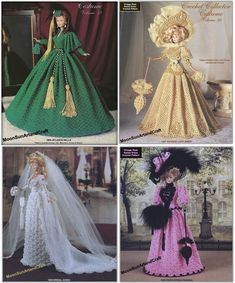 four pictures of dresses and hats for barbie dolls in crochet patterns, from the 1950's to 1970's