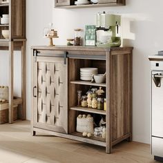 a kitchen with wooden cabinets and shelves on the wall, along with dishes in bowls