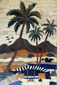 a painting on the side of a wall with palm trees and boats in it,