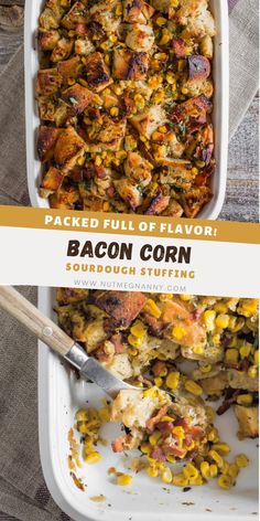 bacon corn casserole in a white baking dish with a serving spoon next to it