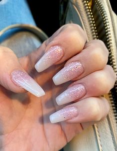 White Nails Acrylic Sparkle, White Nails Pink Glitter, Pink White Sparkle Nails, New Years Nails Pink, Glittery Pink And White Nails, White Nails Sparkle, Soft Pink Nails With Glitter, Light Pink Sparkle Nails, Pink Glitter Ombre Nails Almond