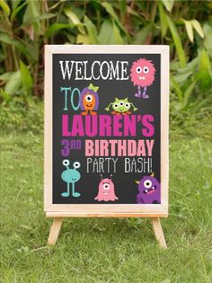 a chalkboard sign that says welcome to lauren's 3rd birthday and party bash