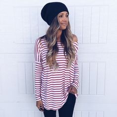 Show Some Stripes Top (6 Colors) - Gunny Sack and Co. Stretch Casual Long Sleeve Off-shoulder Top, Stretch Long Sleeve Casual Off-shoulder Top, Casual Stretch Long Sleeve Off-shoulder Top, Casual Red Off-shoulder Top, Fall Season Red Off-shoulder Tops, Fall Off-shoulder Red Tops, Red Off-shoulder Tops For Fall, Casual Stretch Cold Shoulder Tops, Casual White Cold Shoulder Top