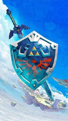 the legend of zelda's shield is floating in the air above some clouds