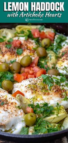 lemon haddock with artichoke hearts and olives in a cast iron skillet