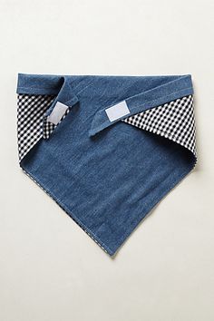 a blue bandana with black and white checkered bow ties on it's collar