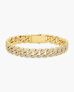 Our Cuban Collection just got a lot cooler. The 10mm gold Iced Out Cuban Link Bracelet has pavé diamond simulants and a secure box clasp. This men’s bracelet is everything you need for the most luxurious fit. Cuban Link Bracelet, S Bracelet, Luxury Bracelet, Solid Gold Chains, Box Clasp, Men's Bracelet, Diamond Simulant, Silver Shop, Cuban Link Chain