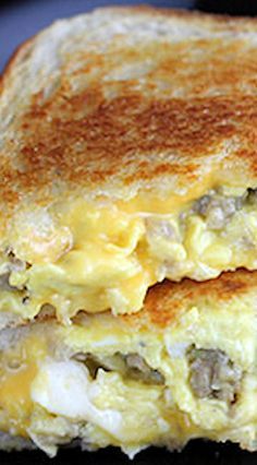 an egg and sausage grilled cheese sandwich