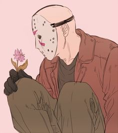 a man with a mask holding a flower