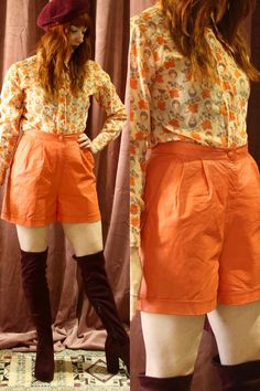 Gorgeous funky vintage leather high waisted shorts! In a beautiful orange colour, these really are a unique piece. These retro shorts are in great condition, and a lovely wardrobe addition for autumn and winter. I feel these would best fit a UK size 10, but for exact measurements please see below:  { Measurements } Waist: 28" Hips: 40" Full length: 17" Model wears a UK 8-10 and is 5'5" tall :)  { Join us on our journey } *Instagram: @ambaar.bazaar * Facebook: Ambaar Bazaar  { Care Instructions }  To keep your new wardrobe addition in beautiful condition we advise the following: * As your shorts are made with leather we advise dab cleaning only.  * BE ADVISED THIS ITEM MAY MAKE YOU FEEL FABULOUS! { Shipping }  * Uk items are shipped Royal Mail signed for  * EU and non EU items are shipped R Retro Shorts For Spring, Retro Short Bottoms For Fall, Vintage Shorts With Built-in Shorts For Spring, Orange Fitted High Waist Shorts, High Waist Fitted Orange Shorts, Fitted High Waist Orange Shorts, Vintage Orange Bottoms For Spring, Retro Orange Summer Shorts, Vintage Orange Summer Bottoms