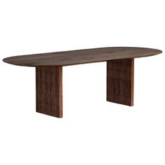 an oval wooden table with two legs and a curved design on the top, against a white background