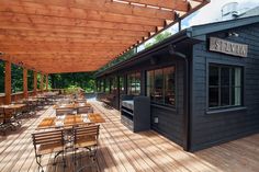 an outdoor dining area with wooden tables and benches on the deck, under a pergolated roof