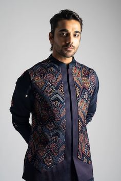 Navy blue velvet nehru jacket with multi-colored thread and sequins embroidery. - Aza Fashions Blue Bollywood Nehru Jacket With Intricate Embroidery, Festive Outerwear With Woven Motifs, Festive Multicolor Bandhgala With Intricate Embroidery, Eid Long Sleeve Nehru Jacket With Motifs, Festive Multicolor Nehru Jacket With Intricate Embroidery, Festive Nehru Jacket With Multicolor Embroidery And Motifs, Navy Blue Kurta, Kurta Set Men, Nehru Jacket For Men