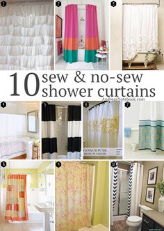 the 10 sew and no sew shower curtains are shown in different styles, colors, and patterns