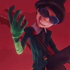 the animated character is wearing sunglasses and holding his hand up in front of an orange background