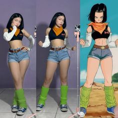 three different pictures of a woman in short shorts and knee high boots with green socks