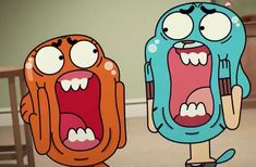 two cartoon characters standing next to each other in front of a chair with their mouths open