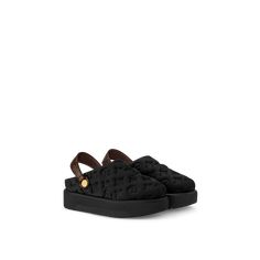 LOUIS VUITTON® - Aspen Platform Clog - Black Lv Slippers, Trunk Bag, Platform Clogs, Men Store, Monogram Pattern, Girly Shoes, Leather Denim, Louis Vuitton Official, Buckle Shoes