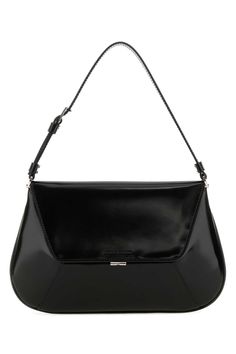 Black Leather Ami Shoulder Bag from Amina Muaddi Luxury Black Pouch Baguette Bag, Designer Black Baguette Bag For Business, Designer Black Baguette Clutch Bag, Luxury Black Baguette Clutch Bag, Black Luxury Clutch Baguette Bag, Luxury Black Clutch Baguette Bag, Designer Black Baguette Bag, Black Baguette Bag With Silver-tone Hardware For Formal Events, Chic Evening Baguette Bag With Silver-tone Hardware