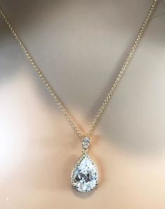 New Art Deco Tear Drop CZ Crystal Pendant Gold Necklace Rose Gold Available Gold Pear-shaped Necklace For Party, Party Gold Pear-shaped Necklaces, Party Gold Pear-shaped Necklace, Party Pear-shaped Gold Necklaces, New Art Deco, Necklace Rose Gold, Necklace Rose, Pendant Gold, Rose Gold Necklace