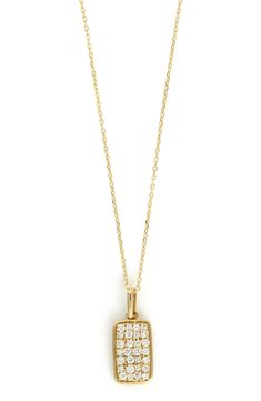 A rectangular pendant is arrayed in 28 round-cut diamonds, making this handcrafted 18-karat-gold necklace a sleek, modern accessory. 16" length; 2" extender 1/8"W x 3/8"L pendant Total diamond weight: 0.18ct. Color: G Clarity: VS 18k gold/diamond Imported >Diamond Guide Diamond Necklace With Rectangular Pendant, Rectangular Diamond Cut Diamond Necklace, Yellow Gold Jewelry With Diamond Accents Rectangular Pendant, Elegant Diamond Necklace With Rectangular Pendant, Luxury Rectangular Diamond Necklace, Luxury Rectangular Diamond Cut Necklace, Luxury Diamond Necklace With Rectangular Accents, Classic Necklace With Diamond Accents And Rectangular Pendant, Yellow Gold Diamond Rectangular Pendant Jewelry