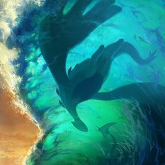 a painting of a mermaid swimming in the ocean with her long hair blowing in the wind