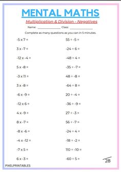 the printable worksheet for mental maths is shown in blue and pink