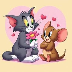 two cartoon cats sitting next to each other with hearts in the background and one cat holding a flower