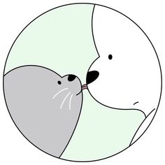 an image of two animals that are kissing in the same circle, one is white and the other is gray