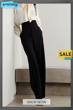 Elegant Plain Fashion Regular Fit No Elasticity Pants Elegant Baggy Wide Leg Pants For Work, Elegant High Waist Baggy Pants, Baggy Dress Pants For Work, Baggy High-waisted Office Pants, Baggy Ankle-length Dress Pants For Work, Baggy Full-length Bottoms For Workwear, Elegant Baggy Straight-leg Dress Pants, Elegant Loose Fit Bottoms For Fall, Elegant Baggy Straight Leg Dress Pants