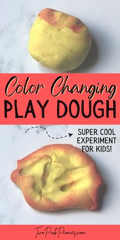 text that says Color Changing Play Dough  super cool experiment for kids! above and below are photos of the play dough Play Dough Homemade, Best Playdough Recipe, Play Dough Recipe, Homemade Playdough Recipe, Cool Experiments, Playdough Activities, Cloud Dough, Playdough Recipe