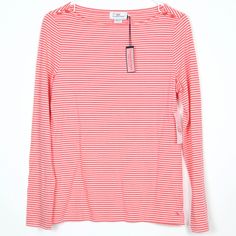 New With Tags $58 Vineyard Vines Womens Size Small Boatneck Blouse Long Sleeves Manufacturer's Color: Blush (Red White) **New With Defects- Two Tiny Small Holes Created By A Tag On The Left Sleeve Cuff. See Pictures. Other Than That, No Other Flaws.** Stretchy 50% Pima Cotton, 50% Modal Embroidered Whale *All Measurements Are Approx. Estimates And Not Meant For An Exact Fit Shoulder To Shoulder: 15" Pit To Pit: 18.5" Length: 21" Sleeve Length: 24.5" Nautical Style Long Sleeve Summer Tops, Nautical Long Sleeve Tops For Summer, Boatneck Blouse, Nautical Colors, Color Blush, Long Blouse, Pima Cotton, Vineyard Vines, Boat Neck