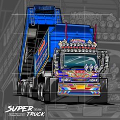 a drawing of a blue truck with colorful graphics on it's side and the words super truck written below