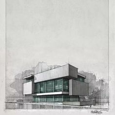 an architectural drawing of a building with glass windows