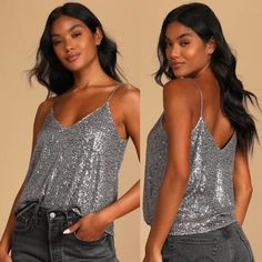 Lulu's Nwt Sparkling Glimpse Sequin Sleeveless Scoop Neck Cami Top Gray Medium New With A Tag Style: I21t1544 Size: Medium Color: Gray (Colors May Photograph Differently Under Studio Lighting) Glamorous Silver Tank Top For Party, Glamorous Silver Party Tank Top, Shimmer Sleeveless Tank Top For Spring, Sleeveless Shimmer Tank Top For Spring, Silver Sequined Tank Top For Night Out, Sequined Silver Tank Top For Night Out, Sequin Silver Tank Top For Night Out, Silver Sequined Tank Top, Shimmer Tank Top For Night Out