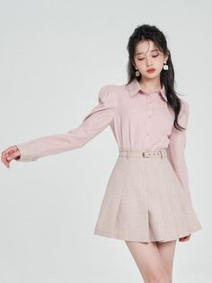 ❤Polo collar pink shirt + pleated skirt + short ribbon vest❤︎ Pleated Skirt Short, Vest Shirt, Pink Shirt, Polo Collar, Pleated Skirt, Ribbon, Collar, Pink