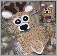 crocheted deer hat and diaper cover for baby to toddler boys or girls