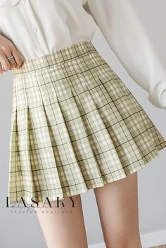 Lasaky - Apple Green Womens High-Waisted Pleated A-Line Skirt Korean Fashion Cute, Preppy Mode, Empire Dresses, Plaid Pleated Mini Skirt, Rok Mini, Style Kawaii, Preppy Plaid, High Waisted Pleated Skirt, Plaid Pleated Skirt