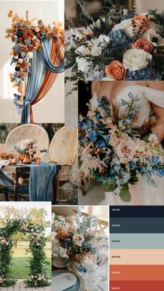 a collage of different color schemes for wedding flowers and decor in shades of blue