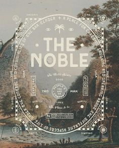 an advertisement for the noble on display in front of a painting with trees and mountains