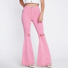 Rise: 10 Inseam: 33 52% Tencel 35.7% Cotton 10.5% T400 1.8% Spandex Made In Usa Pink High Waist Non-stretch Pants, Non-stretch High Waist Pink Pants, Casual Pink Wide Leg Flare Pants, Casual Pink Flare Wide Leg Pants, High Waist Non-stretch Pink Pants, Pink Flare Jeans For Spring, Pink Wide Leg Flares For Spring, Trendy Mid-rise Pink Bottoms, Trendy Fitted Pink Flares