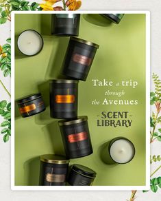 an advertisement for scent library with candles and flowers