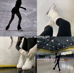 four different pictures of people skating on an ice rink, one in black and the other in white