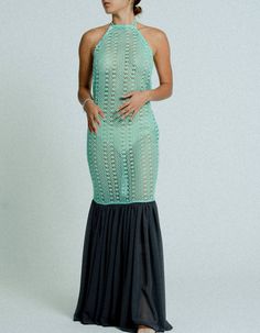 A body hugging maxi dress with an open back, made from mint green, see-through cotton crochet with a Dark grey flowing chiffon hem. Classic cut with an edge, finished with beautiful detailing and adjustable strings. Take it to the beach, take it to a wedding , take it to a beach wedding. it works. Cotton Crochet, Crochet Dress, Green Dress, Beach Wedding, Mint Green, Sleeveless Formal Dress, Open Back, Halter Dress, Dark Grey