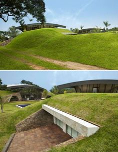 two pictures of the inside and outside of a house with grass on top, in different angles