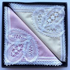 "You will buy two boxed new vintage bobbin lace handkerchiefs handmade in Bruges, Belgium. These two crisp pink and lemon cotton hankies have white lace designs in one corner both of which are absolutely beautiful (see photographs). The handkerchiefs have additional white lace trim on all four sides. The handkerchiefs measure 21.5 cms square. The handkerchief can be washed by hand or machine. These handkerchiefs are in mint condition and come in their original packaging. There are a few scuff ma Elegant Pink Handkerchiefs For Gifts, Vintage Handmade Handkerchiefs As Gifts, Handmade Vintage Handkerchiefs As Gift, Handmade White Handkerchiefs For Gift, White Handmade Handkerchief As Gift, Vintage Cream Handkerchiefs As Gift, Vintage Cream Handkerchiefs Gift, Vintage Cream Handkerchief As Gift, Vintage White Handkerchiefs For Gift