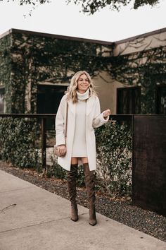 A sweater dress is perfect with a pair of over-the-knee boots and for work in the winter. Find more about how I styled this outfit at onesmallblonde.com. White Dress Winter Outfit Boots, Winter White Knitted Sweater Coat, White Winter Sweater Dress, White Sweater Dress Outfit Boots, White Winter Dress Outfit, Winter Engagement Outfits, Winter White Knee-high Boots With Pointed Toe, Chic Winter White Sweater Dress, Ehite Sweater Dress