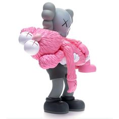 a pink teddy bear holding onto a gray stuffed animal