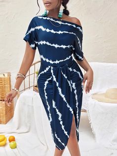 Women's Dresses Slanted Neck Striped Print Short Sleeve Irregular Dress Elegant Summer Dresses, Summer Bottoms, Cardigan Sweater Coat, Dress For Short Women, Fashion Colours, Summer Dresses For Women, Stripe Print, Summer Women, Casual Dress